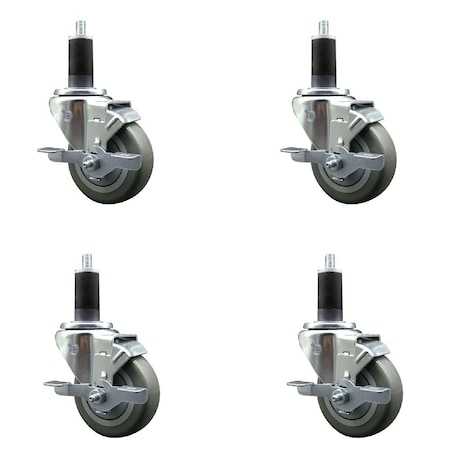 Service Caster 3.5'' Gray Poly Swivel 1-1/4'' Expanding Stem Caster Set with Brake, 4PK SCC-EX20S3514-PPUB-TLB-114-4